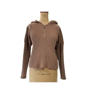 Pink Republic Womens Chenille Hoodie Sweater Brown Ribbed Knit Quarter Zip XL